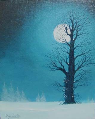 Winter tree in moonlight painting | snow scene painting | Art for sale